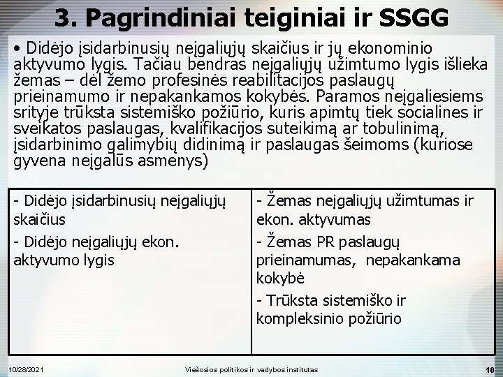 3. Pagrindiniai teiginiai ir SSGG • Didėjo įsidarbinusių neįgaliųjų skaičius ir jų ekonominio aktyvumo