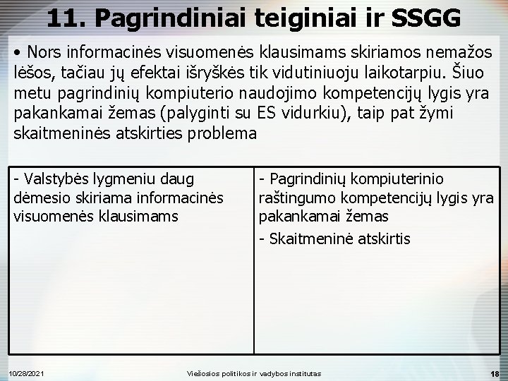 11. Pagrindiniai teiginiai ir SSGG • Nors informacinės visuomenės klausimams skiriamos nemažos lėšos, tačiau