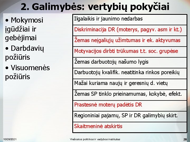 2. Galimybės: vertybių pokyčiai • Mokymosi įgūdžiai ir gebėjimai • Darbdavių požiūris • Visuomenės