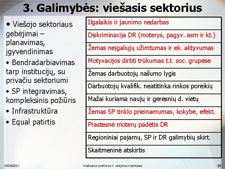 3. Galimybės: viešasis sektorius • Viešojo sektoriaus gebėjimai – planavimas, įgyvendinimas • Bendradarbiavimas tarp