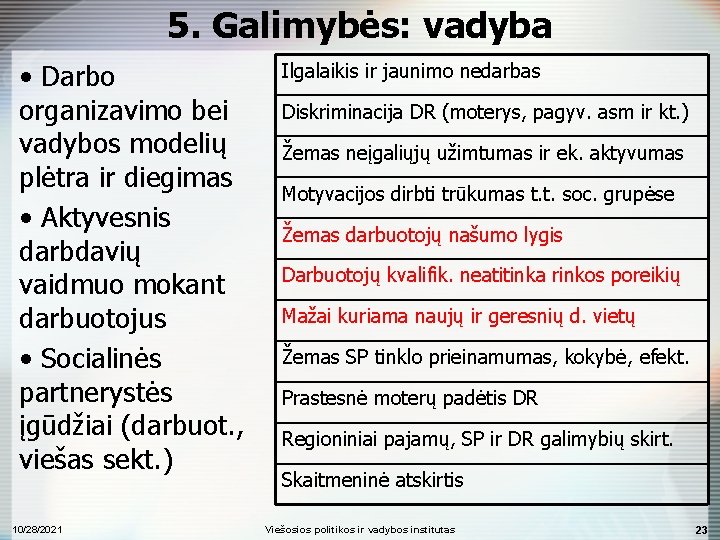 5. Galimybės: vadyba • Darbo organizavimo bei vadybos modelių plėtra ir diegimas • Aktyvesnis