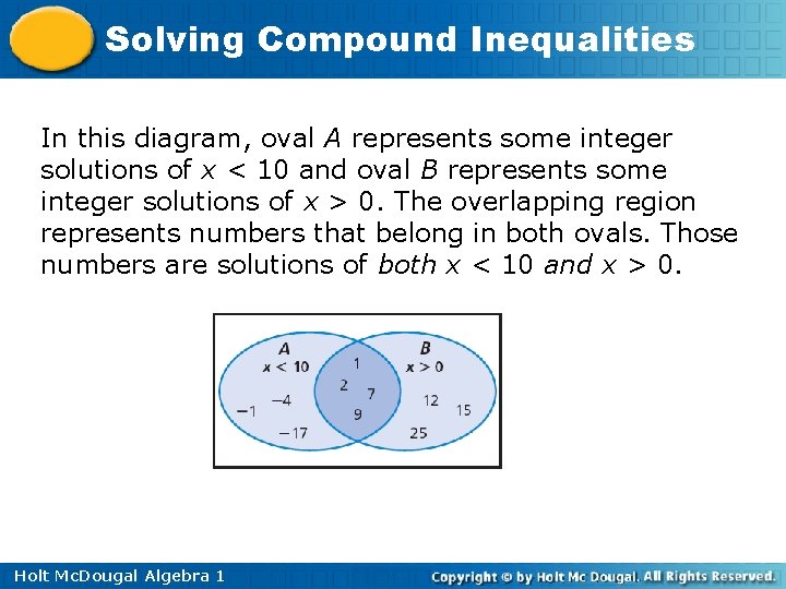 Solving Compound Inequalities In this diagram, oval A represents some integer solutions of x