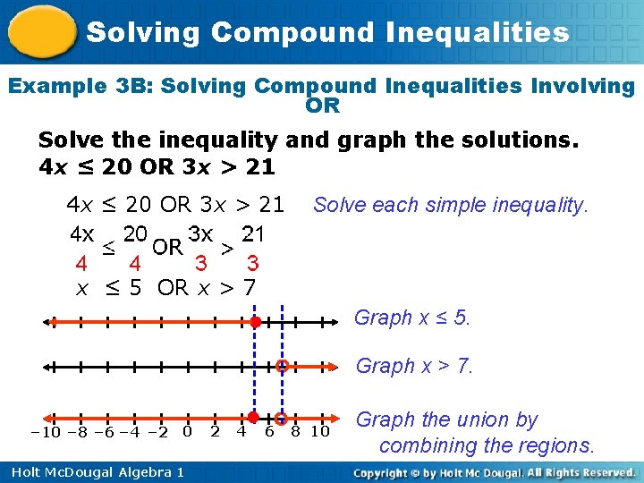 Solving Compound Inequalities Example 3 B: Solving Compound Inequalities Involving OR Solve the inequality