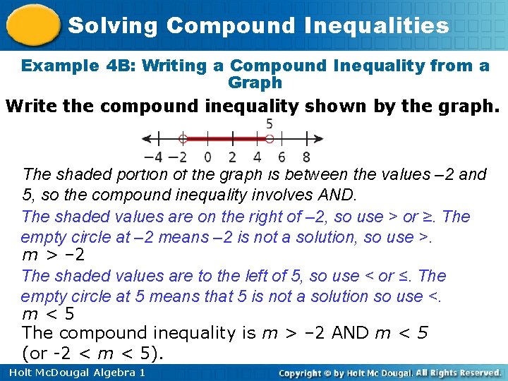 Solving Compound Inequalities Example 4 B: Writing a Compound Inequality from a Graph Write