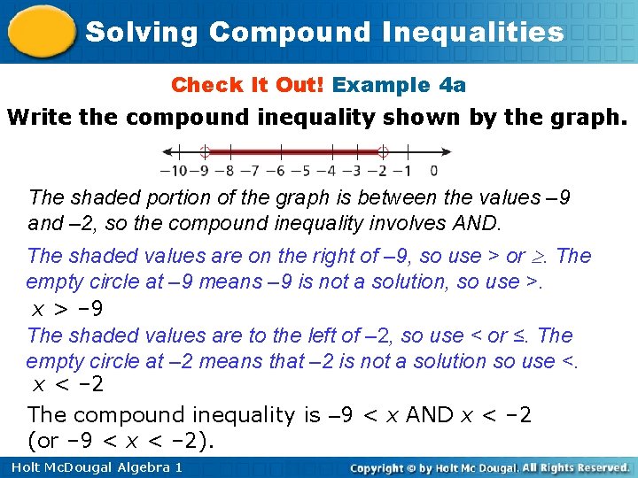 Solving Compound Inequalities Check It Out! Example 4 a Write the compound inequality shown