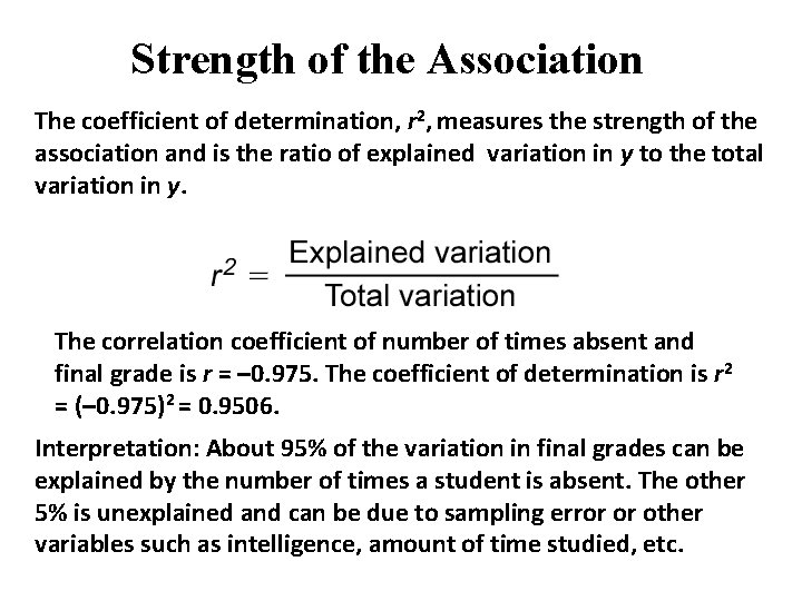 Strength of the Association The coefficient of determination, r 2, measures the strength of