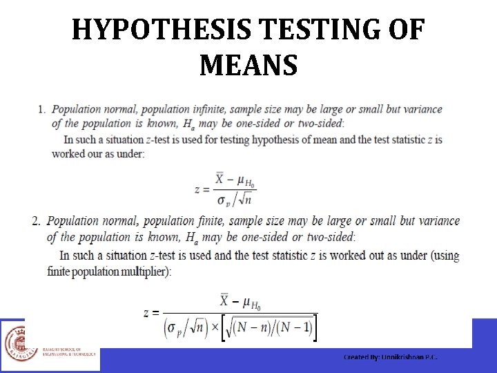HYPOTHESIS TESTING OF MEANS 