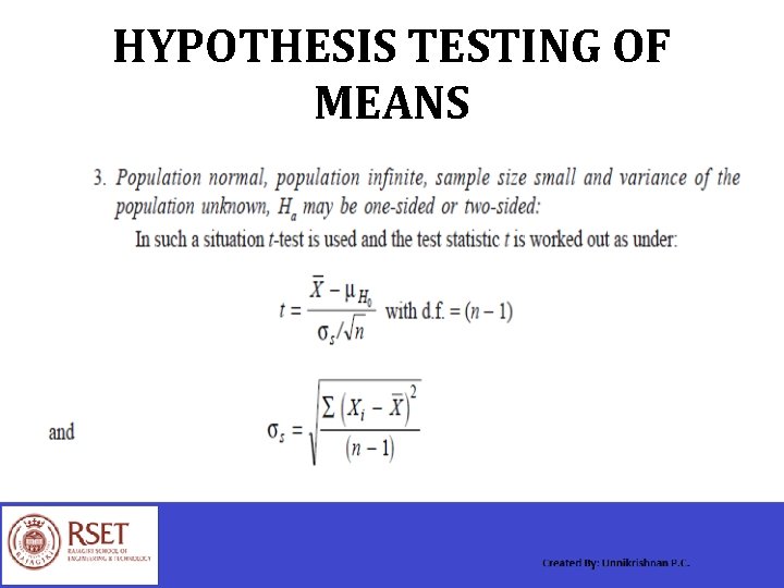 HYPOTHESIS TESTING OF MEANS 