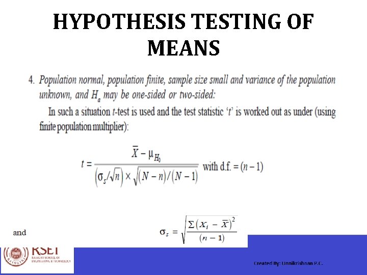 HYPOTHESIS TESTING OF MEANS 