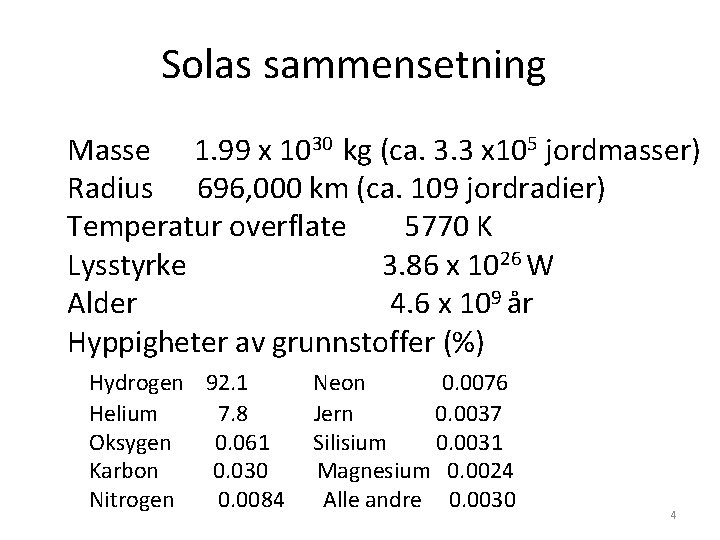 Solas sammensetning Masse 1. 99 x 1030 kg (ca. 3. 3 x 105 jordmasser)