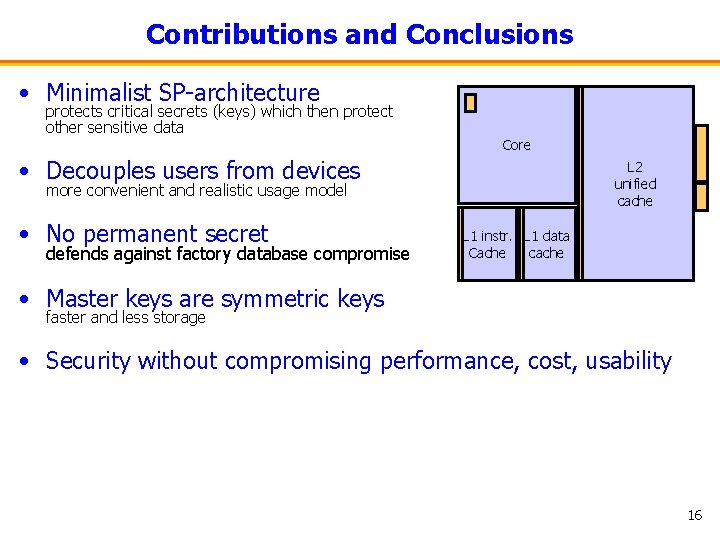 Contributions and Conclusions • Minimalist SP-architecture protects critical secrets (keys) which then protect other