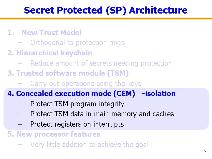 Secret Protected (SP) Architecture 1. New Trust Model – Orthogonal to protection rings 2.