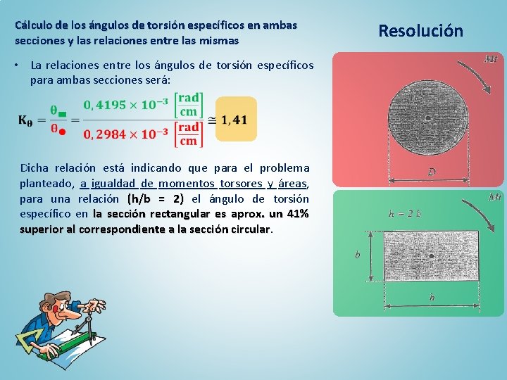 Cálculo de los ángulos de torsión específicos en ambas secciones y las relaciones entre