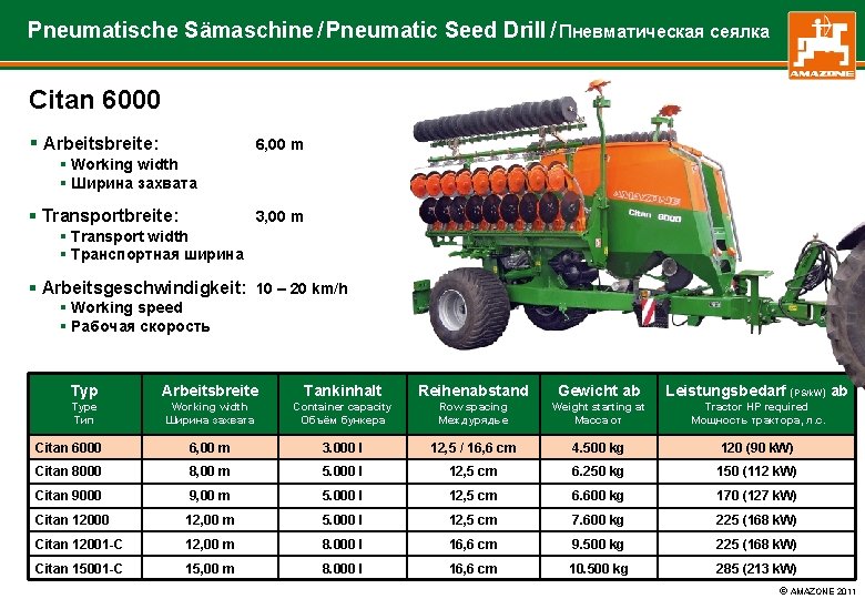 Pneumatische Sämaschine / Pneumatic Seed Drill / Пневматическая сеялка Citan 6000 § Arbeitsbreite: 6,