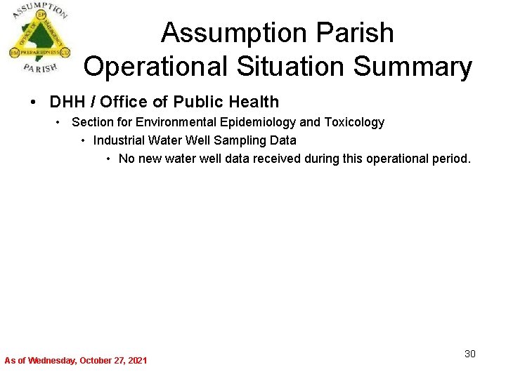 Assumption Parish Operational Situation Summary • DHH / Office of Public Health • Section