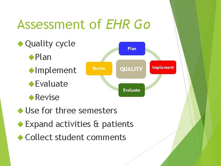 Assessment of EHR Go Quality cycle Plan Implement Revise Evaluate Revise Use QUALITY Evaluate