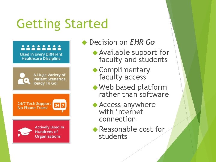 Getting Started Decision on EHR Go Available support for faculty and students Complimentary faculty
