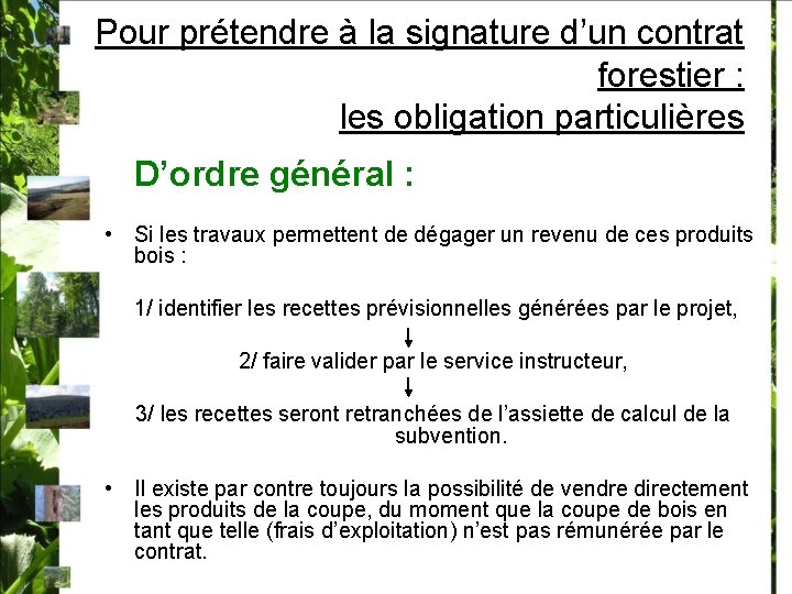 Pour prétendre à la signature d’un contrat forestier : les obligation particulières D’ordre général