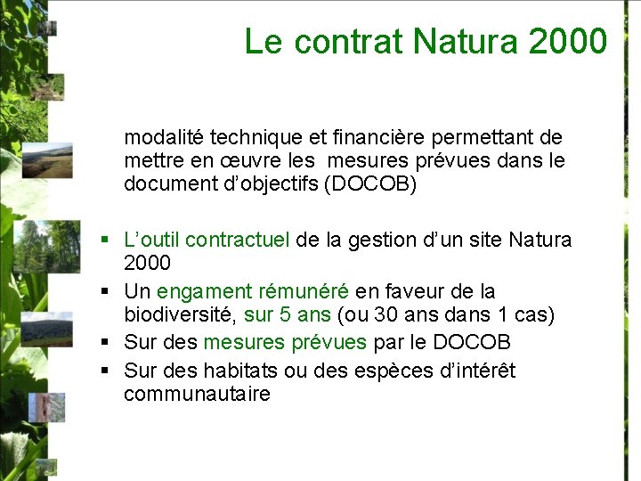 Le contrat Natura 2000 modalité technique et financière permettant de mettre en œuvre les