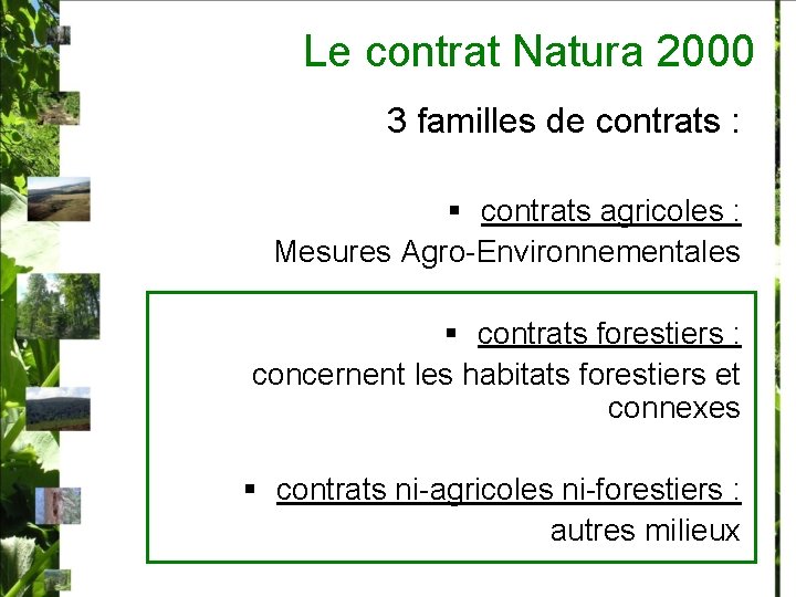 Le contrat Natura 2000 3 familles de contrats : § contrats agricoles : Mesures