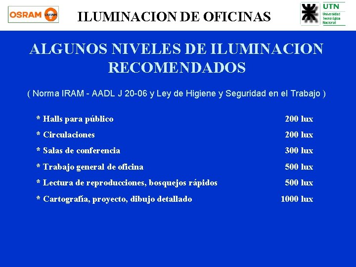 ILUMINACION DE OFICINAS ALGUNOS NIVELES DE ILUMINACION RECOMENDADOS ( Norma IRAM - AADL J