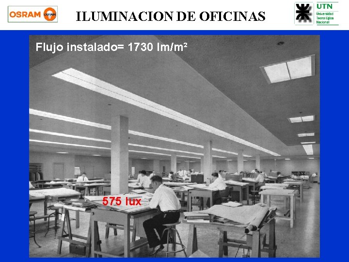 ILUMINACION DE OFICINAS Flujo instalado= 1730 lm/m² 575 lux 