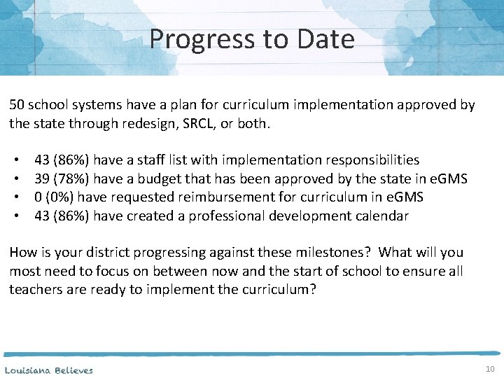 Progress to Date 50 school systems have a plan for curriculum implementation approved by