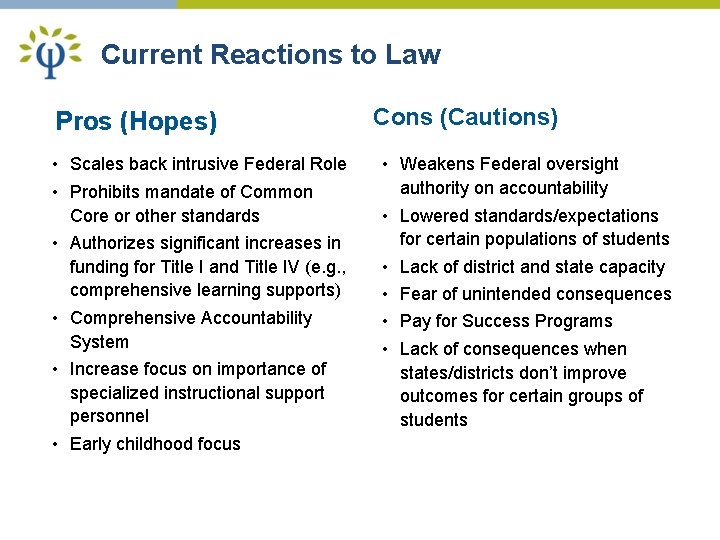 Current Reactions to Law Pros (Hopes) • Scales back intrusive Federal Role • Prohibits