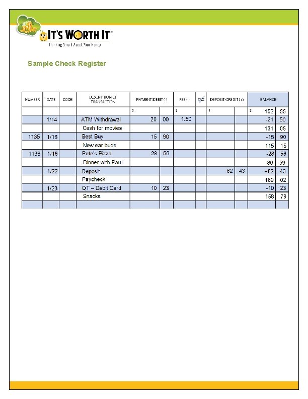 Sample Check Register 