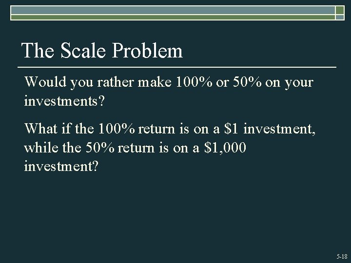 The Scale Problem Would you rather make 100% or 50% on your investments? What