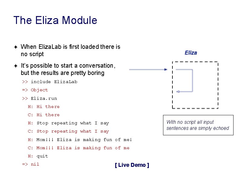The Eliza Module ✦ When Eliza. Lab is first loaded there is no script The Eliza Module ✦ When Eliza. Lab is first loaded there is no script