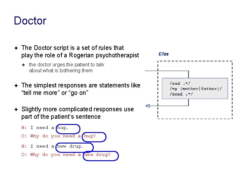 Doctor ✦ The Doctor script is a set of rules that play the role Doctor ✦ The Doctor script is a set of rules that play the role