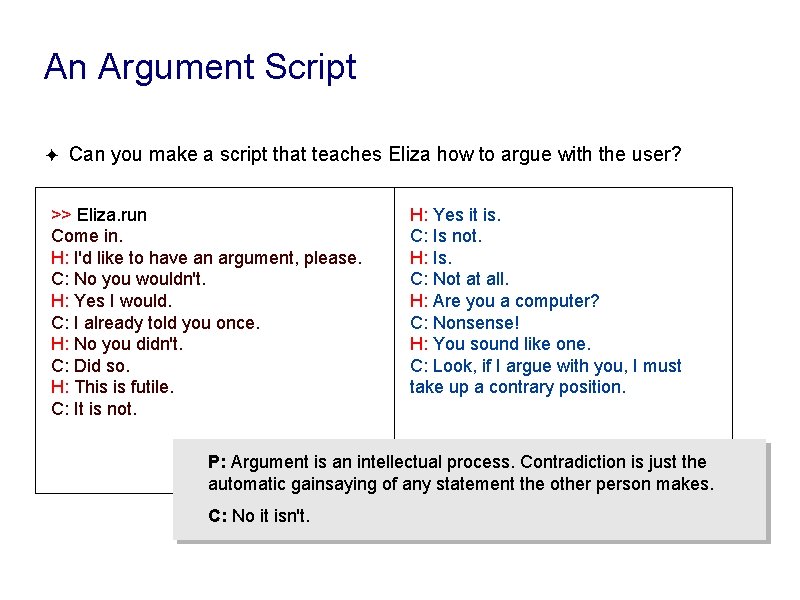 An Argument Script ✦ Can you make a script that teaches Eliza how to An Argument Script ✦ Can you make a script that teaches Eliza how to
