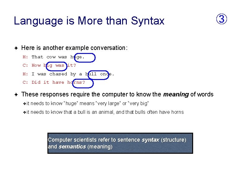 Language is More than Syntax ✦ Here is another example conversation: H: That cow Language is More than Syntax ✦ Here is another example conversation: H: That cow