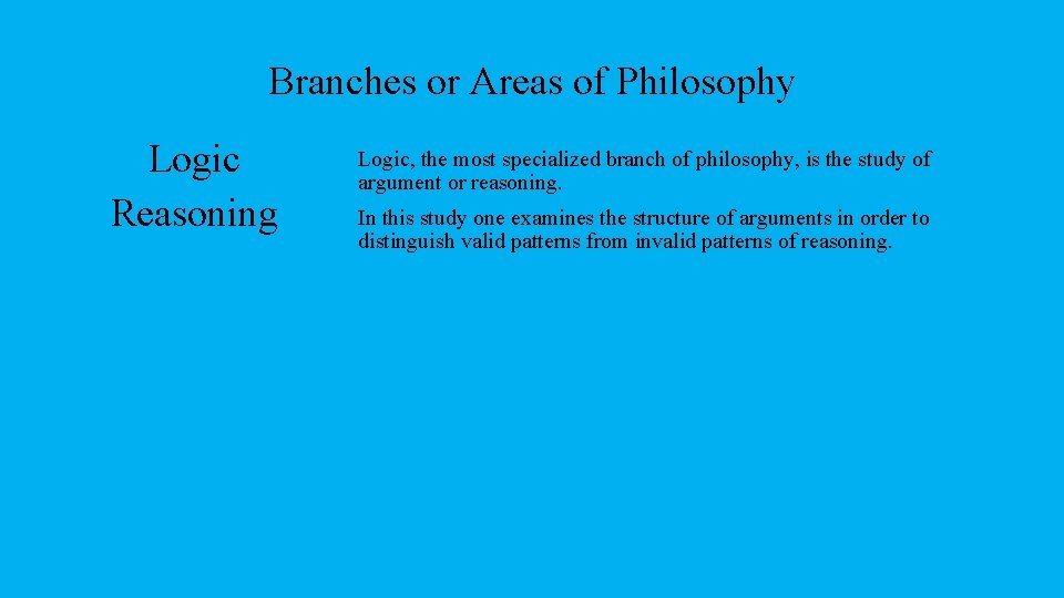 Branches or Areas of Philosophy Logic Reasoning Logic, the most specialized branch of philosophy,