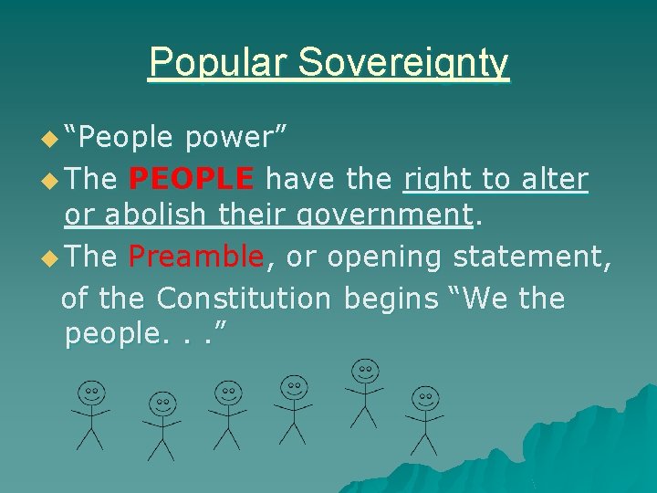 Popular Sovereignty u “People power” u The PEOPLE have the right to alter or Popular Sovereignty u “People power” u The PEOPLE have the right to alter or