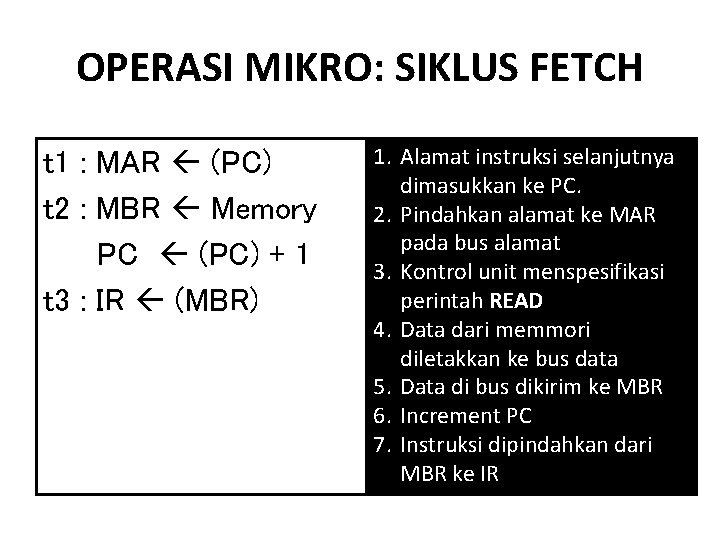 OPERASI MIKRO: SIKLUS FETCH t 1 : MAR (PC) t 2 : MBR Memory