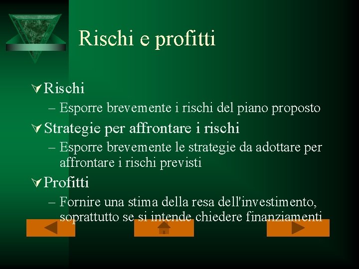 Rischi e profitti Ú Rischi – Esporre brevemente i rischi del piano proposto Ú