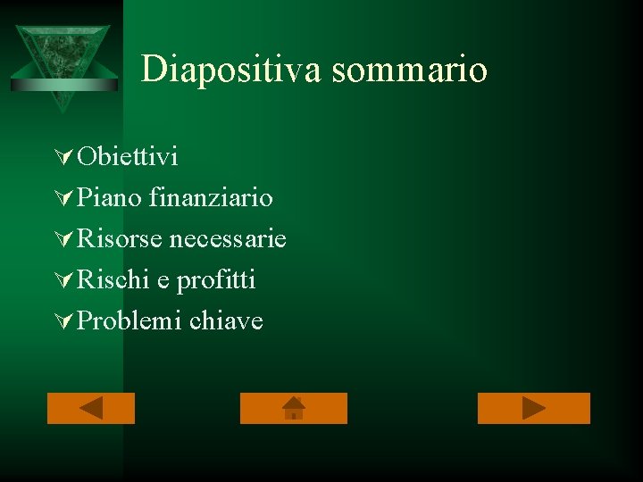 Diapositiva sommario Ú Obiettivi Ú Piano finanziario Ú Risorse necessarie Ú Rischi e profitti