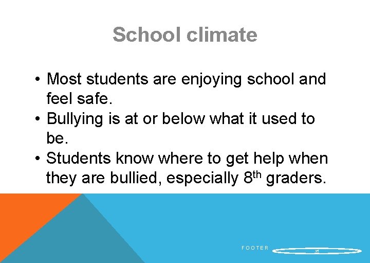 School climate • Most students are enjoying school and feel safe. • Bullying is School climate • Most students are enjoying school and feel safe. • Bullying is