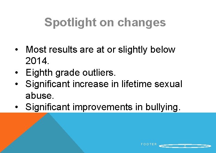 Spotlight on changes • Most results are at or slightly below 2014. • Eighth