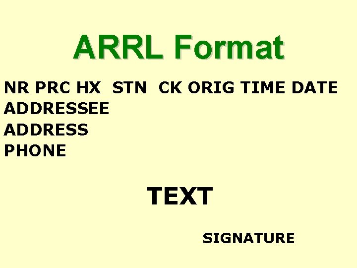 ARRL Format NR PRC HX STN CK ORIG TIME DATE ADDRESSEE ADDRESS PHONE TEXT