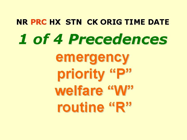 NR PRC HX STN CK ORIG TIME DATE 1 of 4 Precedences emergency priority