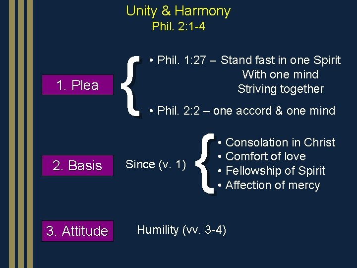 Unity & Harmony Phil. 2: 1 -4 1. Plea 2. Basis 3. Attitude {