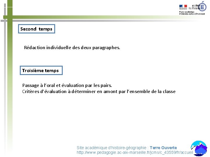 Second temps Rédaction individuelle des deux paragraphes. Troisième temps Passage à l’oral et évaluation