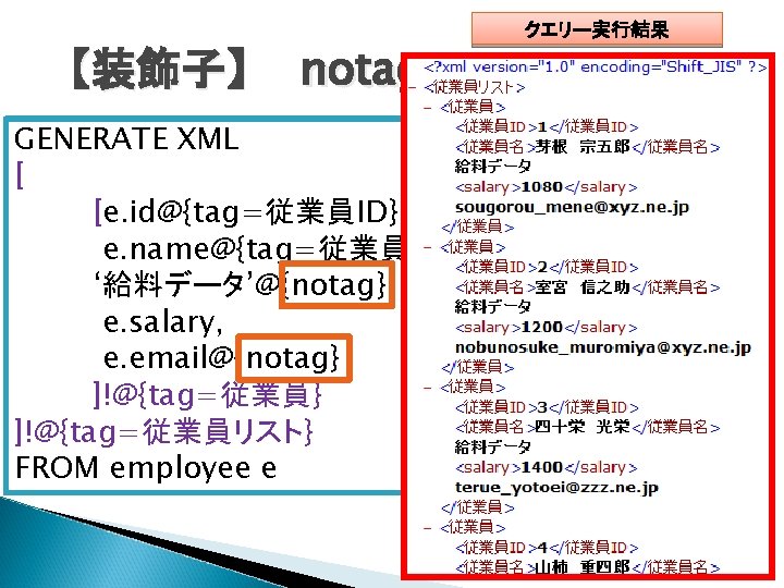 【装飾子】 notag クエリー実行結果 GENERATE XML [ [e. id@{tag=従業員ID}, e. name@{tag=従業員名}, ‘給料データ’@{notag}, e. salary, e.