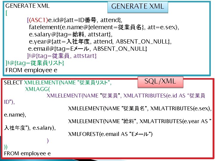 GENERATE XML [ [(ASC 1)e. id@{att=ID番号, attend}, fatelement(e. name@{element=従業員名}, att=e. sex), e. salary@{tag=給料, attstart},