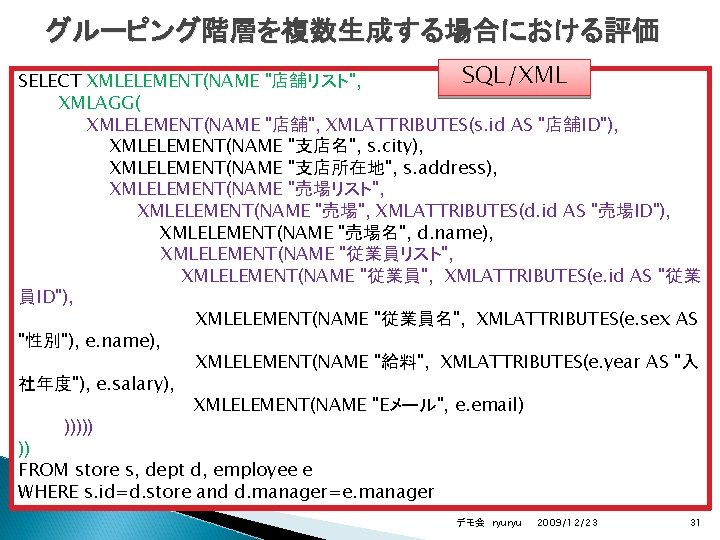 グルーピング階層を複数生成する場合における評価 SQL/XML SELECT XMLELEMENT(NAME "店舗リスト", XMLAGG( XMLELEMENT(NAME "店舗", XMLATTRIBUTES(s. id AS "店舗ID"), XMLELEMENT(NAME "支店名",