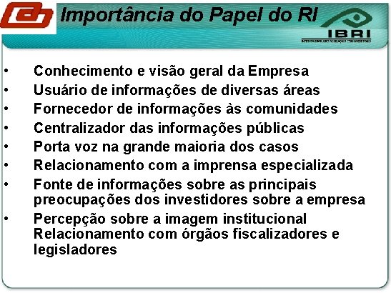 Importância do Papel do RI • • Conhecimento e visão geral da Empresa Usuário