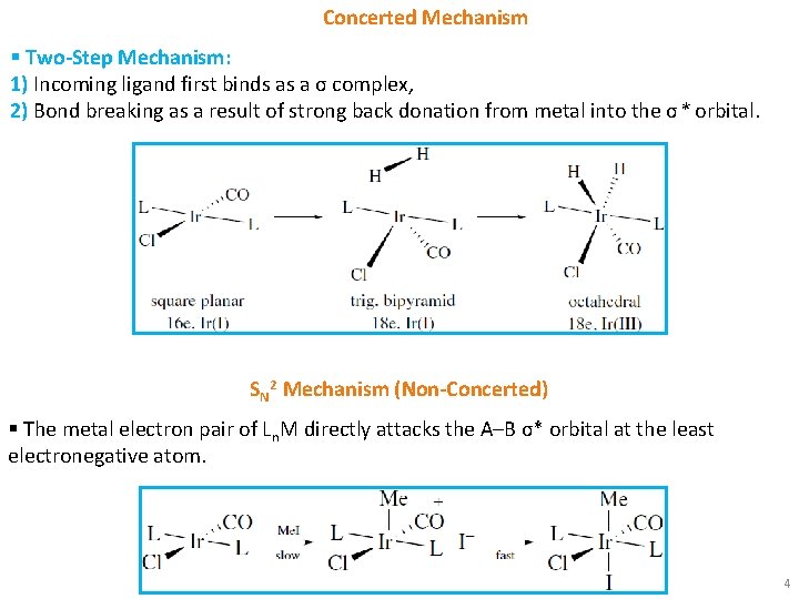 Concerted Mechanism § Two‐Step Mechanism: 1) Incoming ligand first binds as a σ complex, Concerted Mechanism § Two‐Step Mechanism: 1) Incoming ligand first binds as a σ complex,